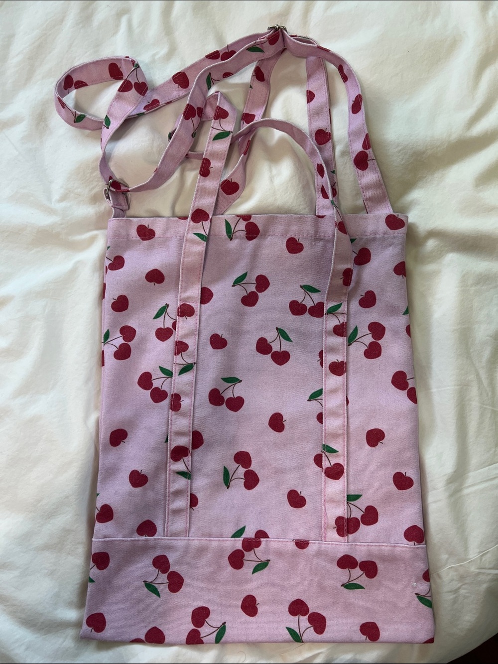 Pink Cherry Print Canvas Tote Bag